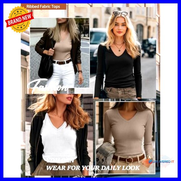 Long Sleeve V Neck T-Shirts Cotton Slim Fit Layering Basic Tees Casual - Picture 5 of 7